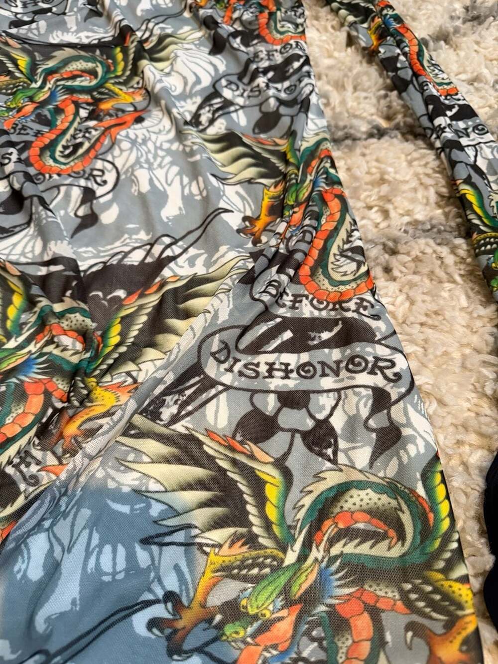 Ed Hardy Dragon Print Mesh Long Sleeve Mini Dress - Picture 2 of 5